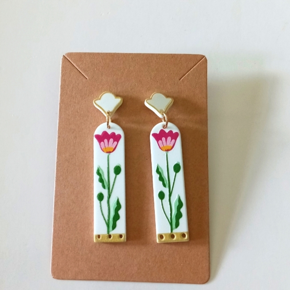 Floral Drop Earrings with Pink and Green Accents